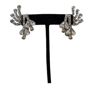 Hattie Carnegie Climber Earrings Clip-on Silver Tone Clear Rhinestone Wings 1.5”